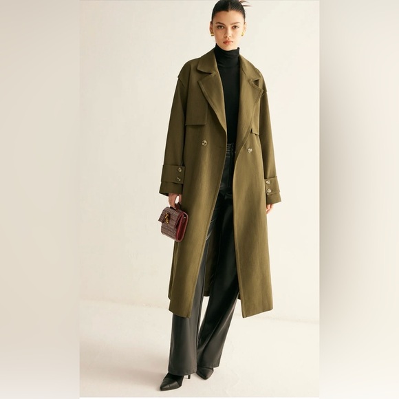 Commense Retro Belted Long Trench Coat Green Size Large